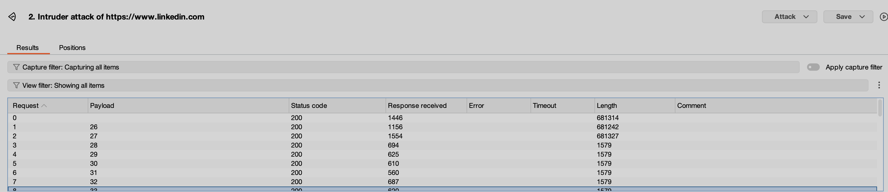 Burp Intruder Results