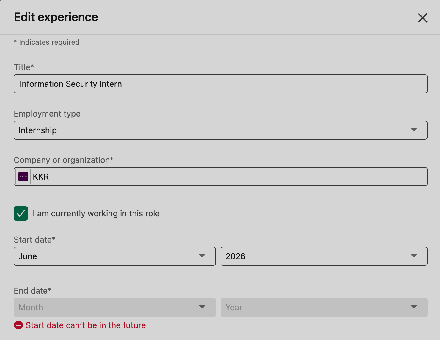 LinkedIn Error Message When Selecting Future Date